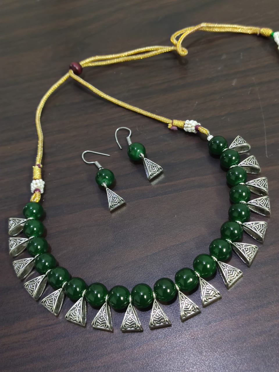 Oxidised stone beaded loop necklace set