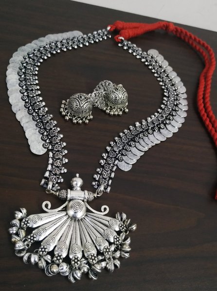 Royal Long Oxidised Coin Necklace Set