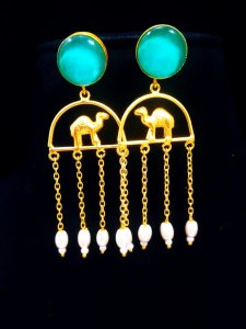 Glittering Matt Golden Camel Latkan Stone Earrings