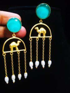 Glittering Matt Golden Camel Latkan Stone Earrings
