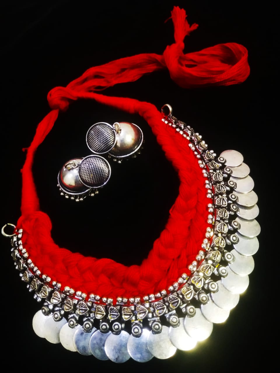 Stylish Oxidised Coin Thread Necklace Set
