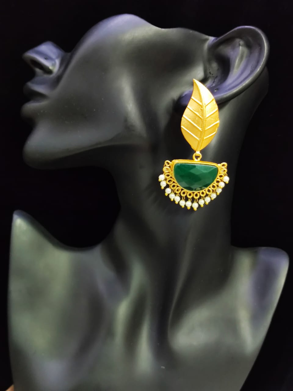 Fabulous Matt Golden Stone Jaipuri Leaf Dangler Earrings
