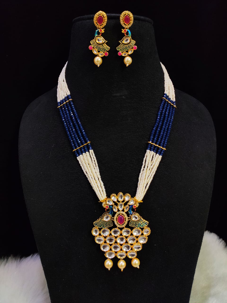 Stunning  Kundan Meena Cut Onyx Long Necklace Set