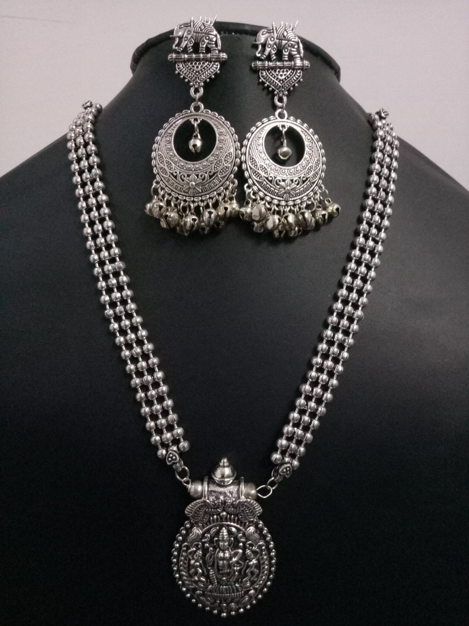 Oxidised Ball Chain Long Necklace Set