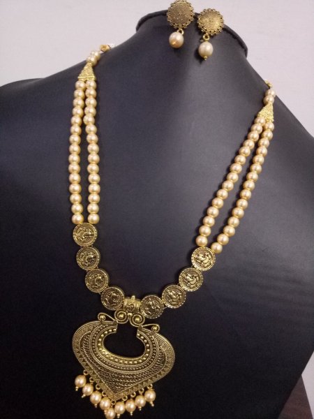 Beautiful Golden Oxidised Long Pearl Necklace Set