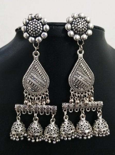 Designer Oxidised Triple Jhumki Earrings
