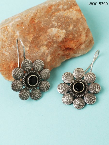Silver lookalike flower stone hoops