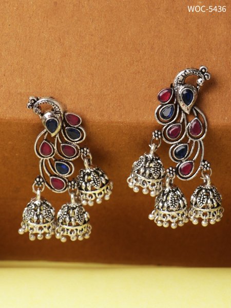 Oxidised peacock triple jhumki earrings
