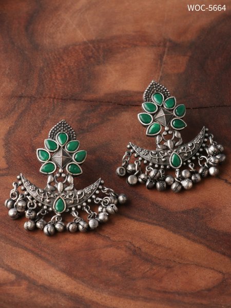 Silver lookalike stone ghungroo earrings