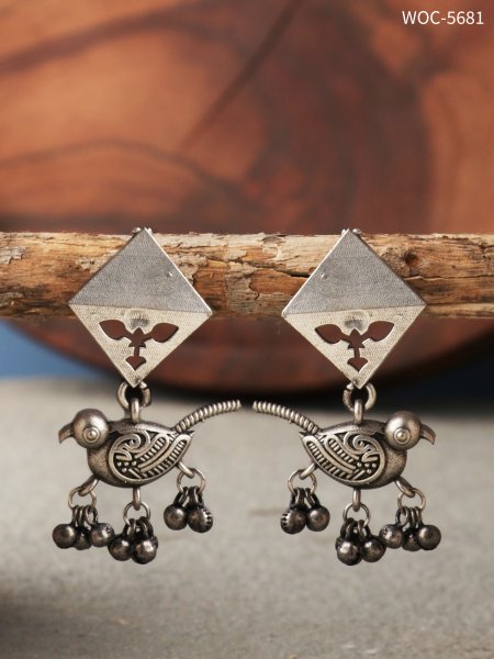 Silver lookalike bird ghungroo earrings