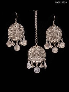 Oxidised coin maangtikka earrings set