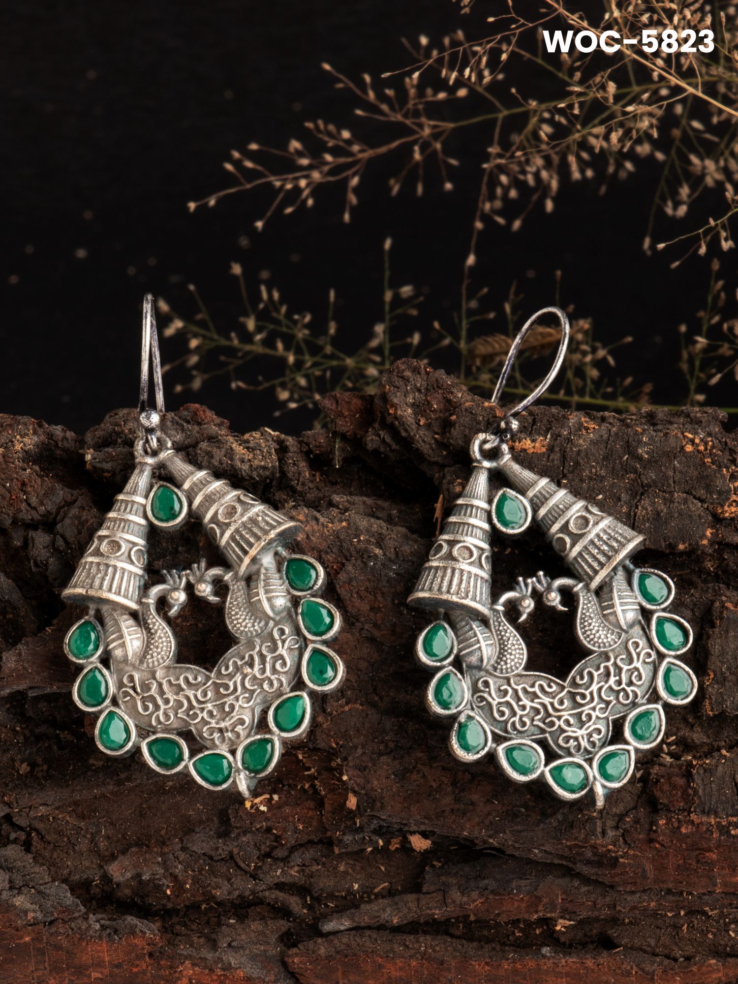 Silver lookalike peacock stone earrings