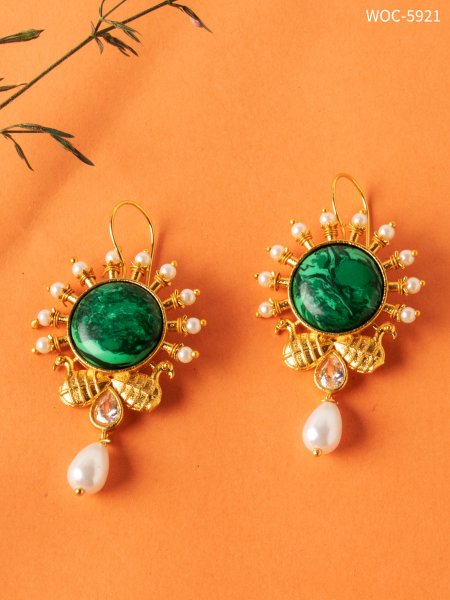 Matt golden stone kundan peacock earrings