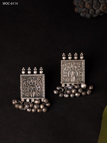 Silver lookalike peacock ghungroo earrings